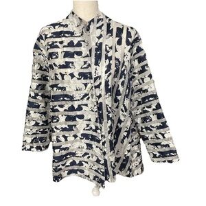 Yushi Navy Blue White One Button Swing Jacket Semi Sheer Striped Floral Large